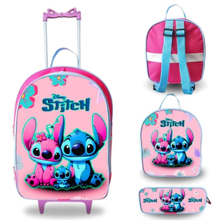 Mochila Infantil Escolar Stitch Lilo Rodinha Menina Lancheira Térmica e Estojo