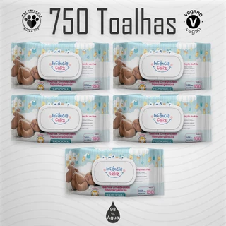 05 Pacotes Lenços \ Toalhas Umedecidas Infância Feliz Com 150 Folhas - Vegano - Com Tampinha