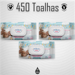 03 Pacotes Toalha Umedecida - Pacotão 150 Folhas - Infância Feliz - Vegano - Com Tampinha