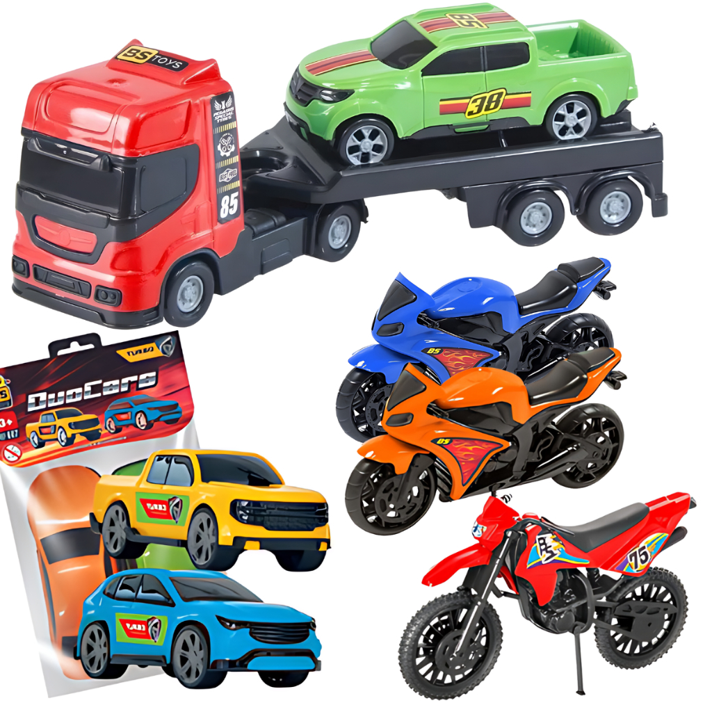Kit Carrinhos Para Menino Caminhão Mini Reboque Moto Trilha 3 Carrinhos ...