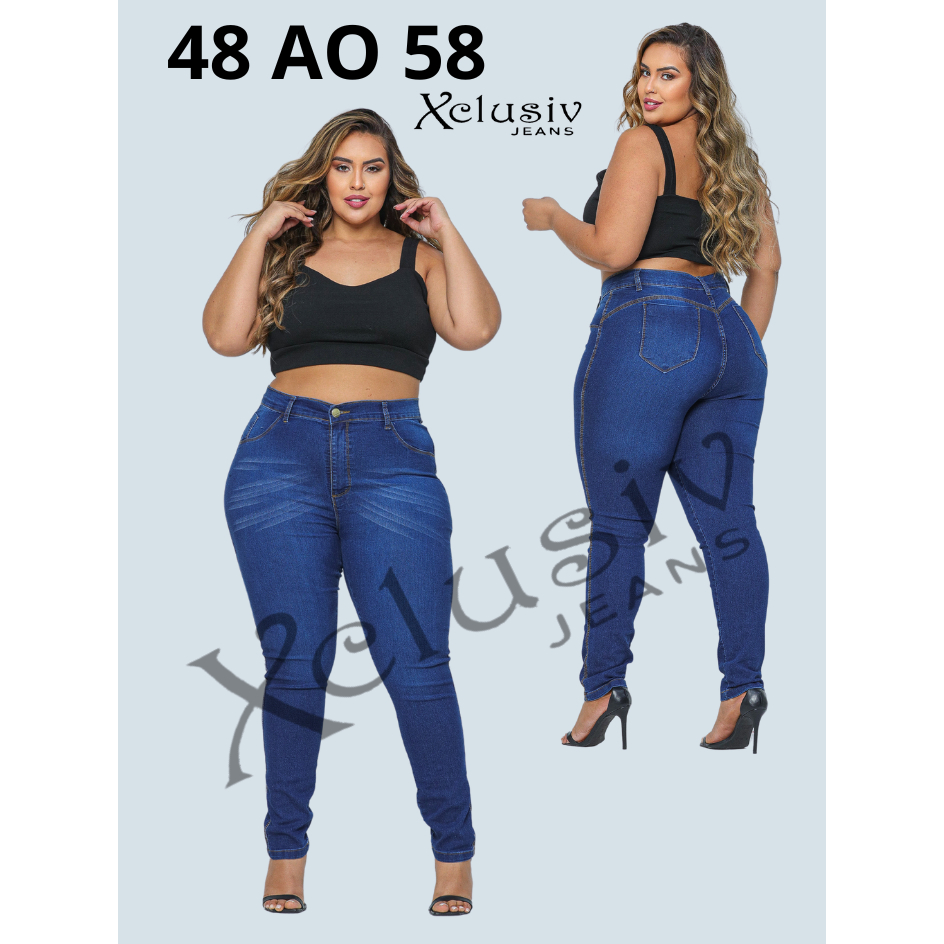 Calça jeans feminina plus size elastano premium cintura alta lycra strech curve