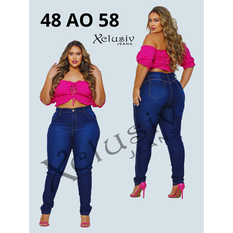 Calça jeans feminina plus size elastano premium cintura alta lycra strech curve