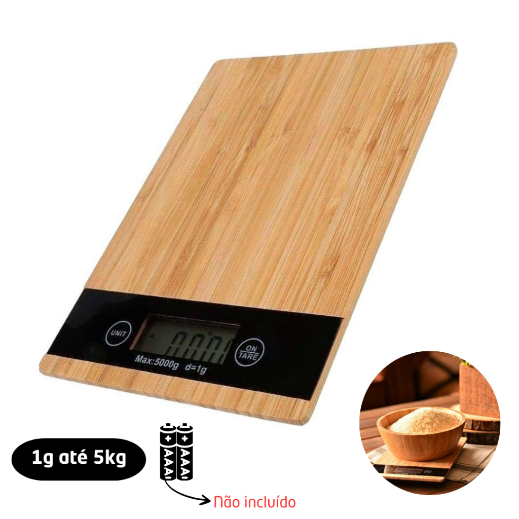 Balança de Precisão Digital para Cozinha em Bambu - Pesa de 1g a 5kg ...