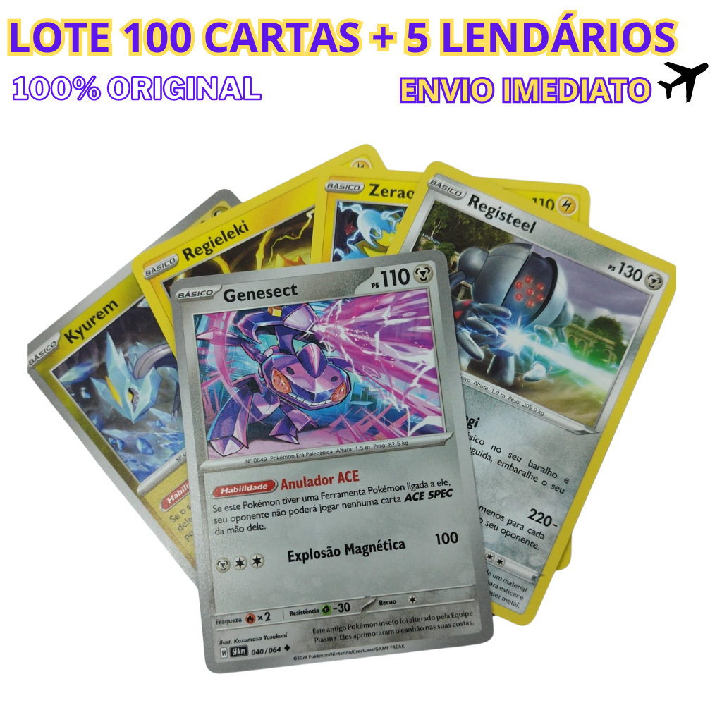 100 Cartas Pokémon Originais + 5 Pokémon Lendários