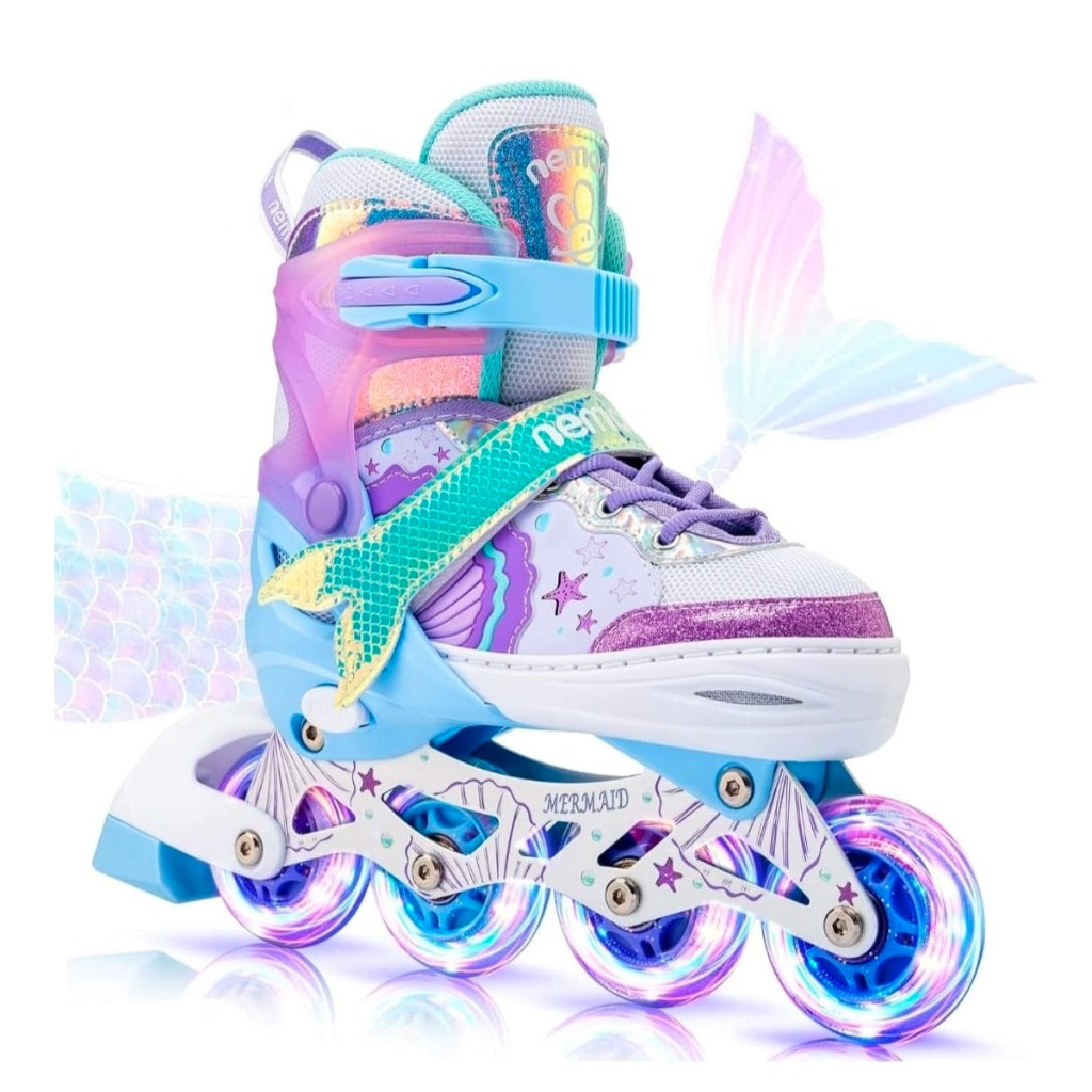 Patins Infantil Roller Inline Roxo Sereia Ajustável Com Luz De Led Criança Promoção Menor Preço