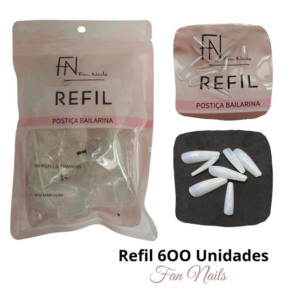 Refil Gigante - 600 Unhas Postiça Bailarina Realista FAN NAILS ...