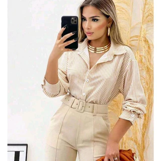 Camisa Listrada Feminina Social Sólido Com Botões Frontal Manga Longa Verão 2024 ENVIO IMEDIATO