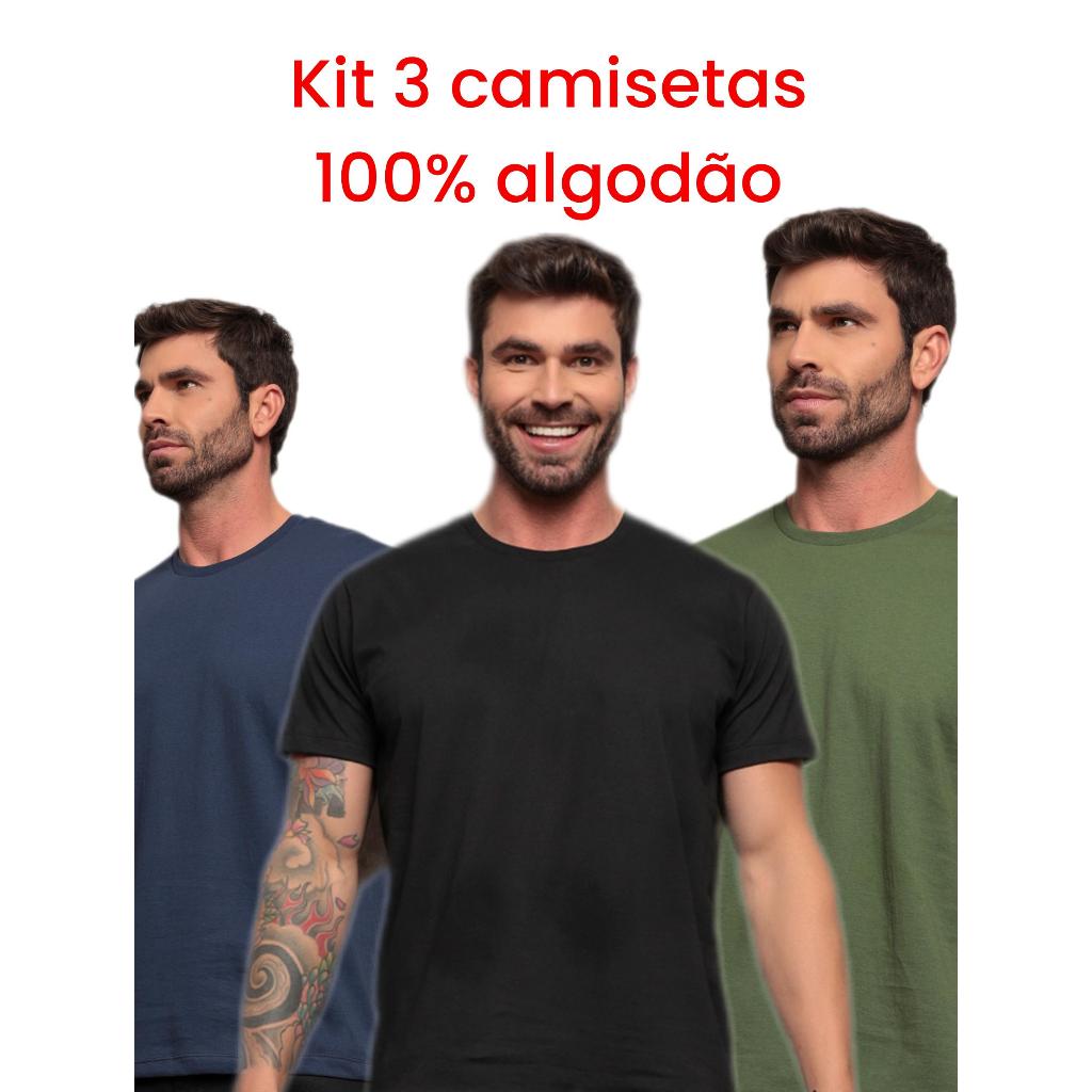 Kit 3 Camisetas Lisas 100% Algodão Primeira Qualidade com Reforço de Gola