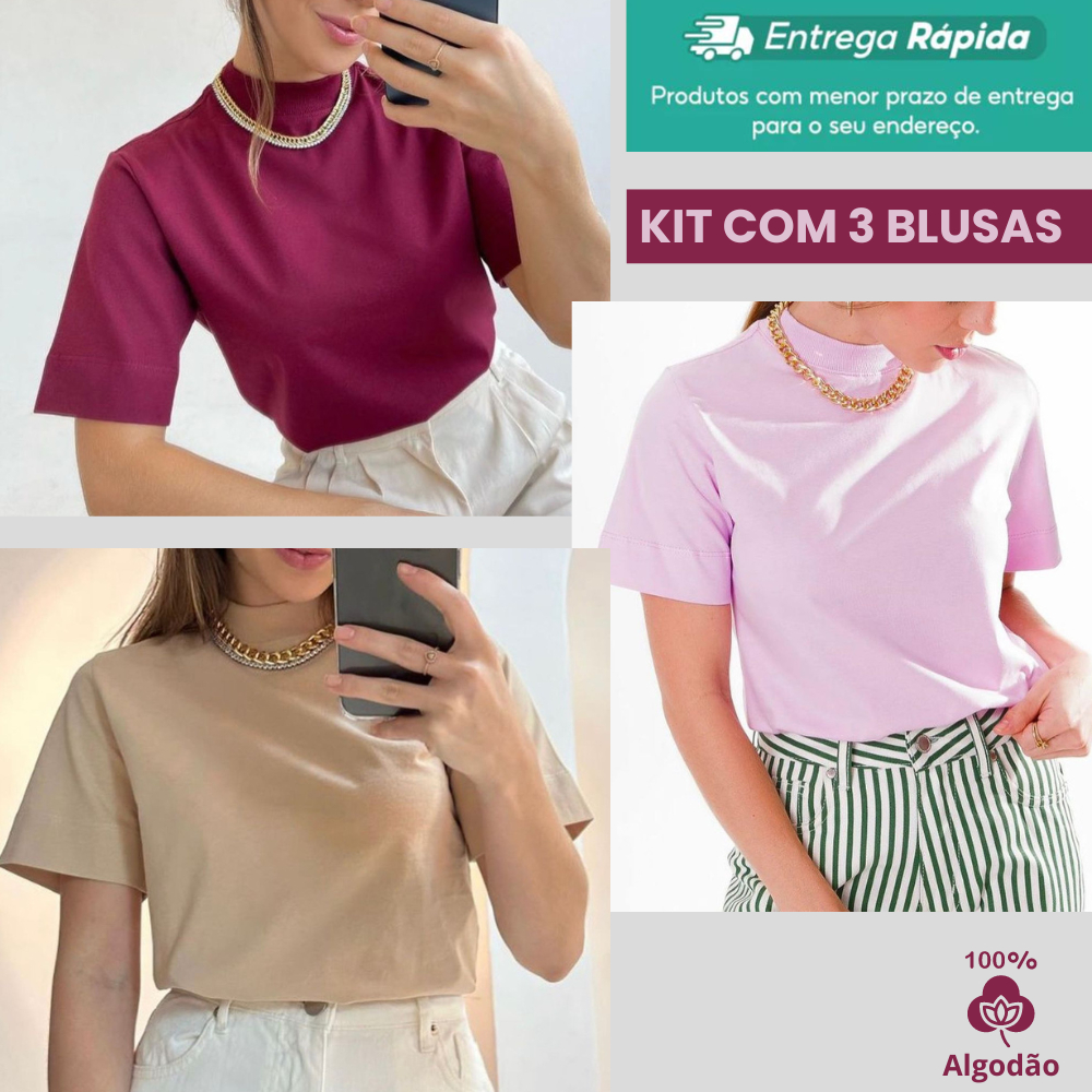 Blusa Camiseta T-Shirt Gola Alta Feminina Menegotti 100% Algodão
