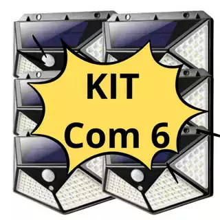 KIT COM 6 Luminárias 100 LED Parede Solar Com Sensor Jardim Externa Prova D