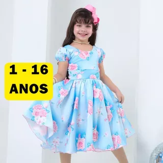 Vestido Infantil Azul Floral - Igreja, Eventos, Festas, Formatura, Aniversário, Batizado, Casamento