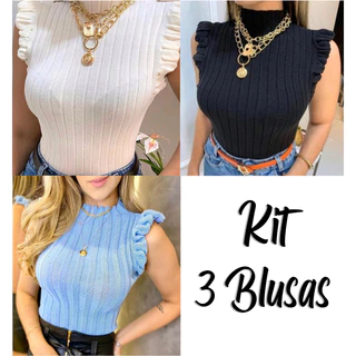 Kit 3 Blusas Regata Feminina Garrafinha em Tricot com Babado - Cores Variadas