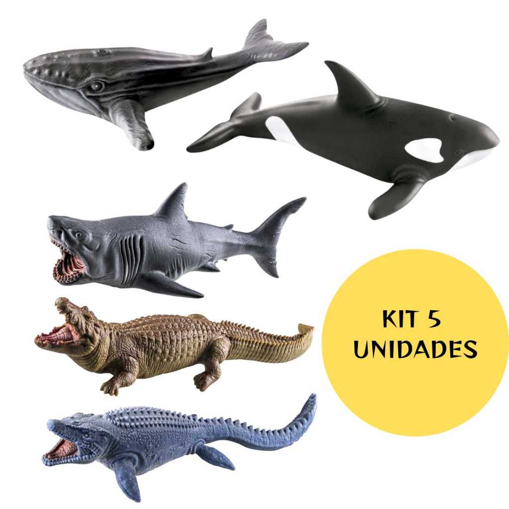 Brinquedos de Menino Menina Tubarão Crocodilo Mosassauro Orca Jubarte Baleia Vinil Macio Kit 5 Unid