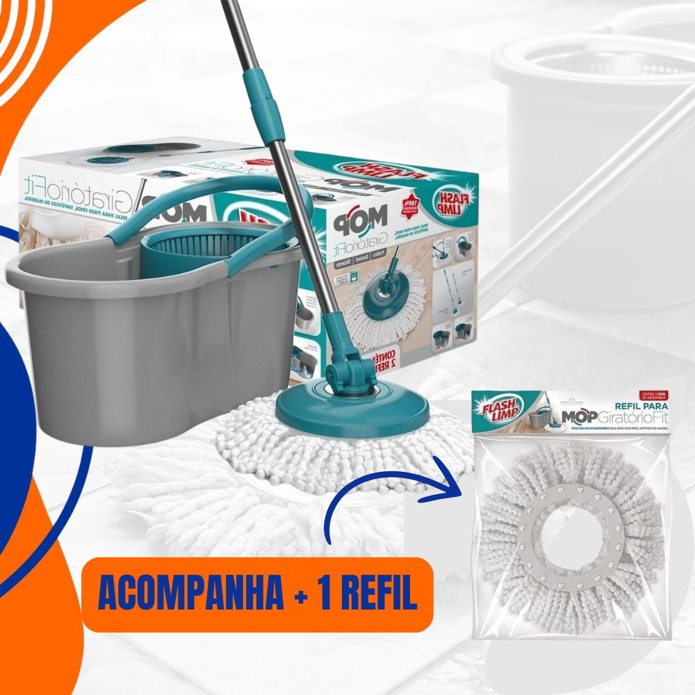 Esfregão Mop Giratório Fit Flash Limp + Refil Spin Esfregão com Balde 8L