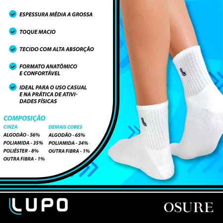Pessoa calçando meias brancas Lupo com texto explicativo sobre o conforto anatômico e composição do tecido