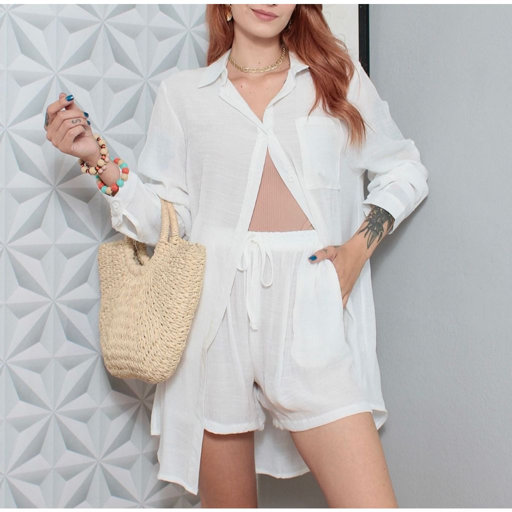 Saida De Praia Conjunto Camisa E Short Moda Praia | Shopee Brasil