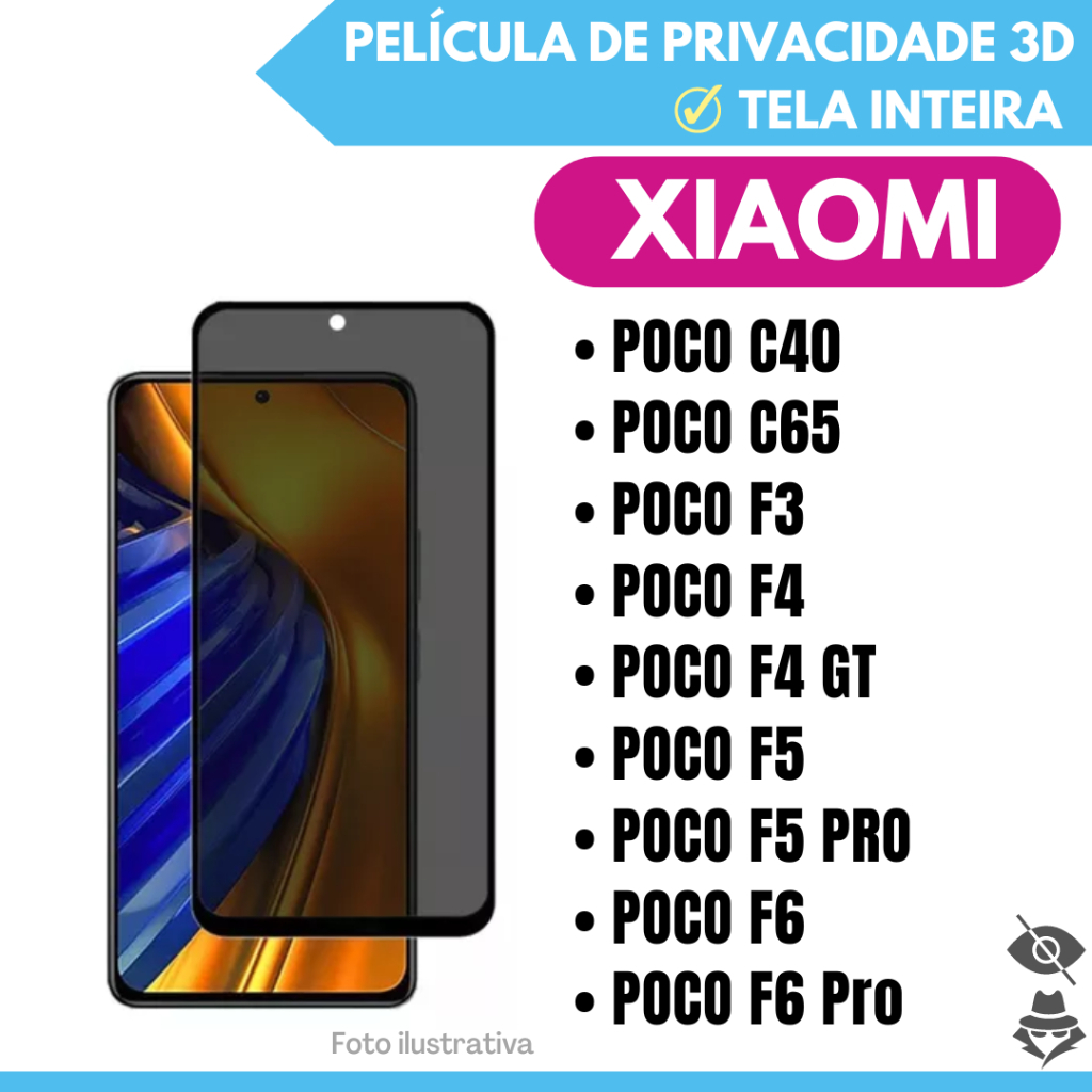 Película de Vidro 3D Privacidade Para Xiaomi Poco C40 / C65 / F3 / F4 / F4 GT / F5 / F5 Pro / F6 / F6 Pro.