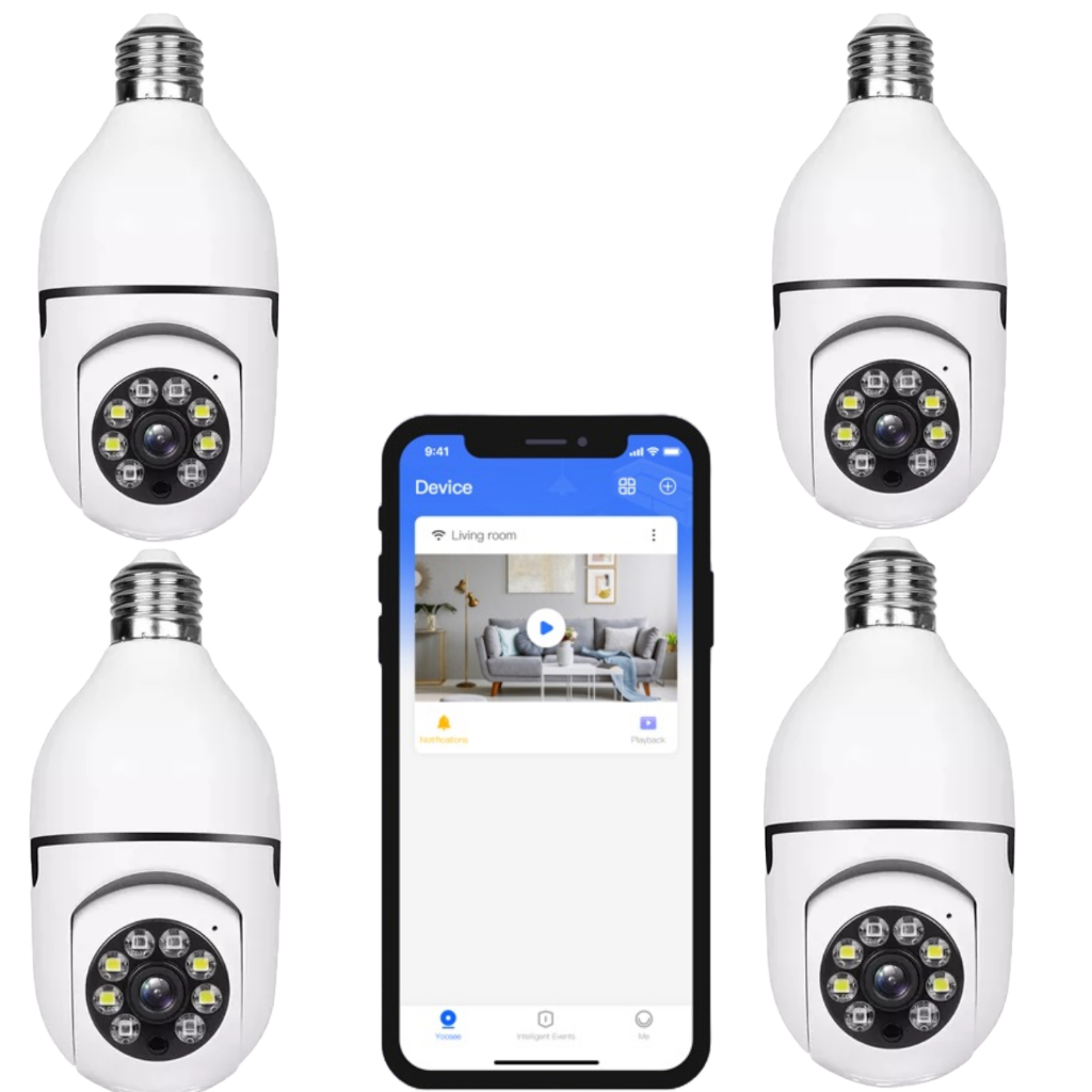 Kit Cameras Ip Giratória 360º Wi-Fi Teto Lâmpada Visão Noturna Sensor Movimento