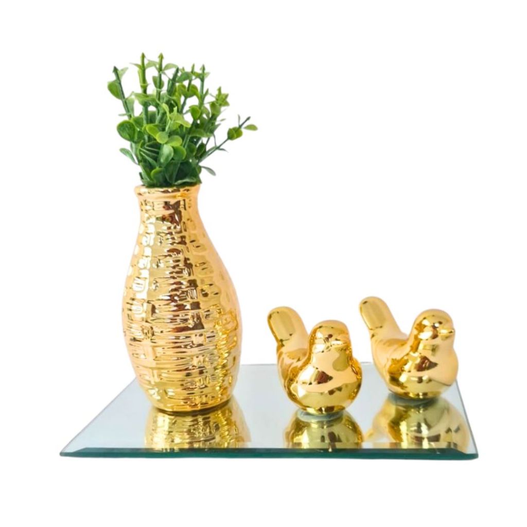 Imagem do produto Kit Decoração  para sala vasinho Vaso decorativo  Planta Artificial  Casal de Passarinhos Pássaros Dourado/Rose Gold 2