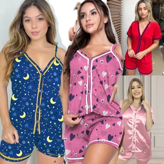 Pijama Americano Short Doll Blogueirinha Personagem Botão Amamentação Gestante
