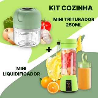 Kit Mini Liquidificador Portátil 6 lâminas 380ml + Mini Processador 3 lâminas 250ml COR Aleatória