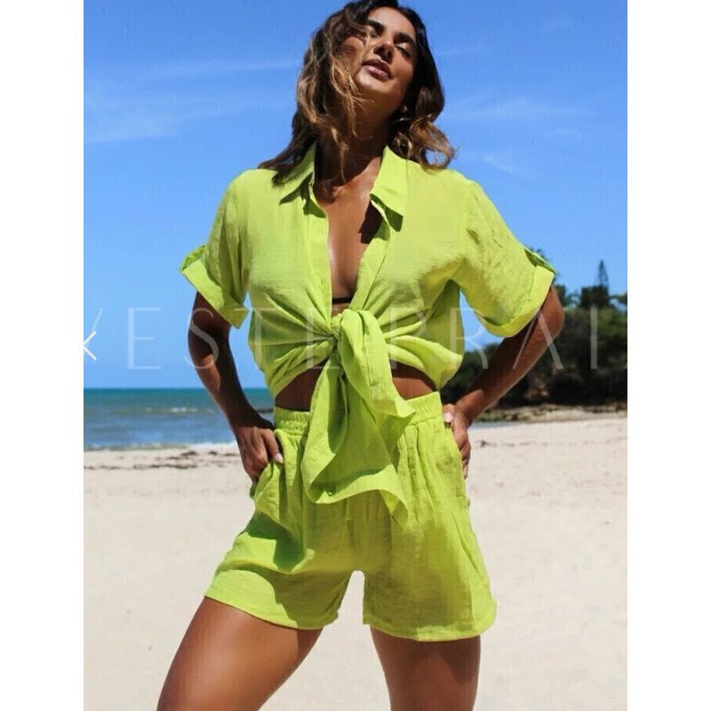 Saída Praia Kimono Chemise Plus Size Aberta Conjunto Camisão Leve Manga Curta Com Short Verão Moda Praia I.1281495485