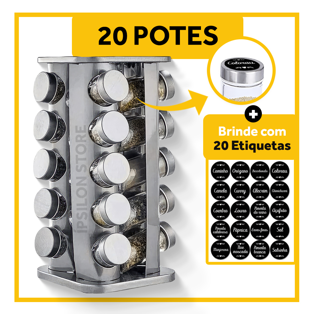 Porta Temperos Inox 20 Potes Suporte Giratório Quadrado