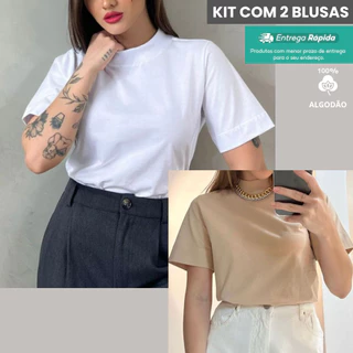 Kit com 2 Blusa Feminina Blusinha T-Shirt Gola Alta 100% Algodão
