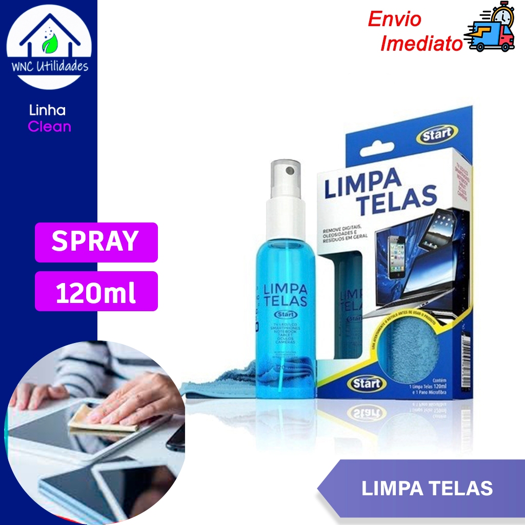 Limpa Telas Start 120ml + Pano Microfibra tablet TV celular notebook