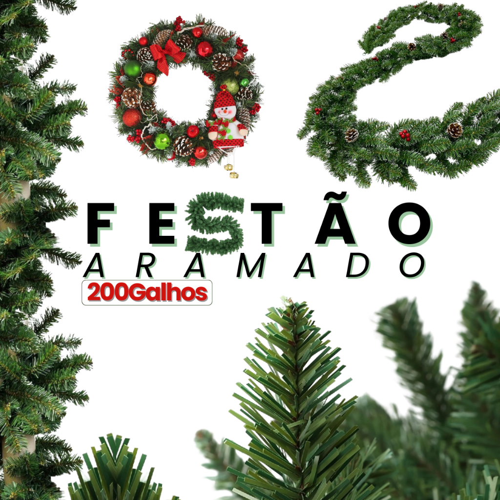 Kit Festão Aramado Luxo 2,70m Decoração Natal Verde 200 Galhos Pode ...