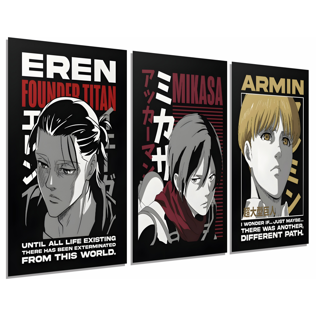 KIT 3 QUADROS DECORATIVOS ATTACK ON TITAN ANIME ALTA RESOLUÇÃO