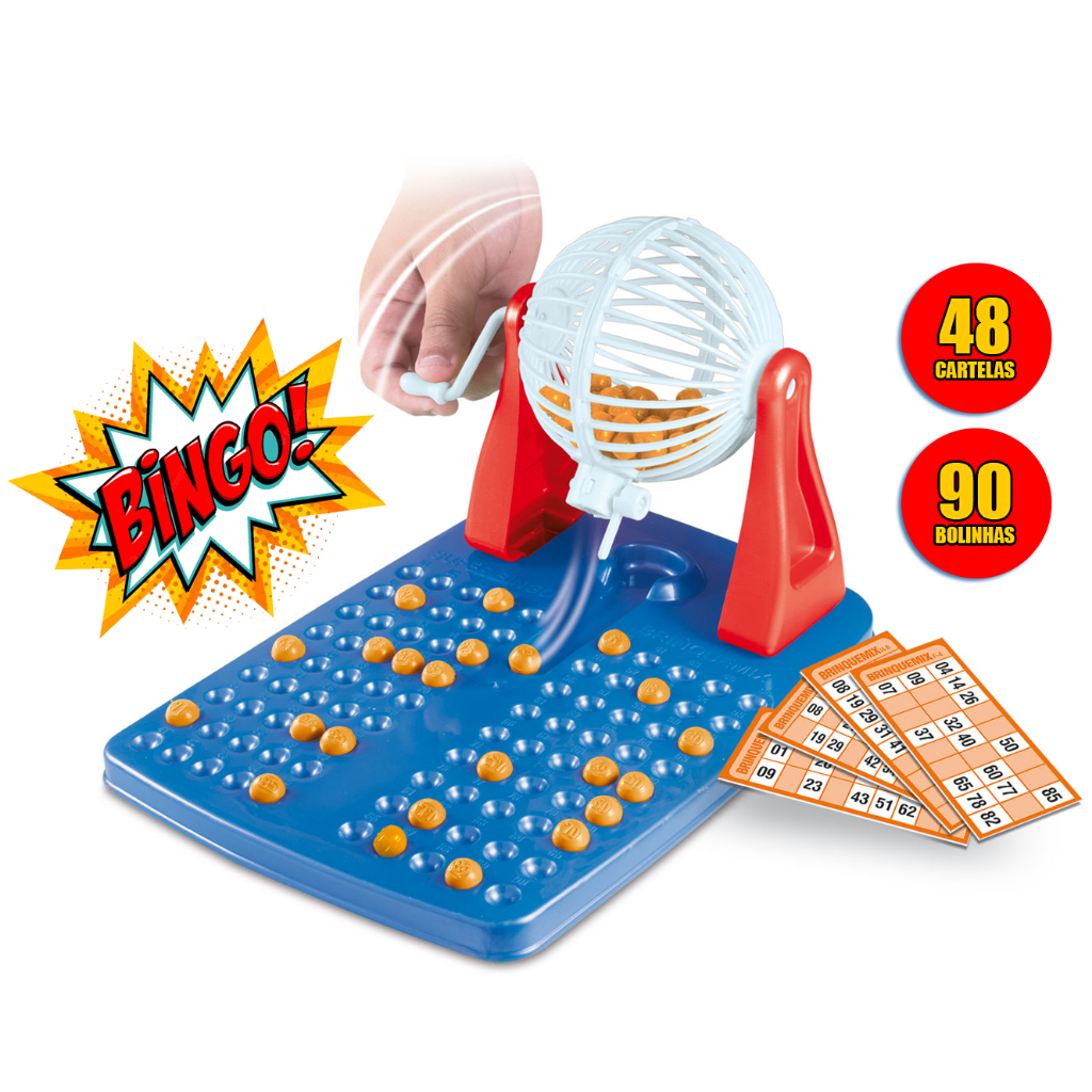 BRINQUEDO INFANTIL BINGO 48 CARTELAS + 90 BOLINHAS GLOBO GIRATÓRIO JOGO ...