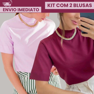 Kit com 2 Blusa Camiseta Feminina T-Shirt Gola Alta 100% Algodão