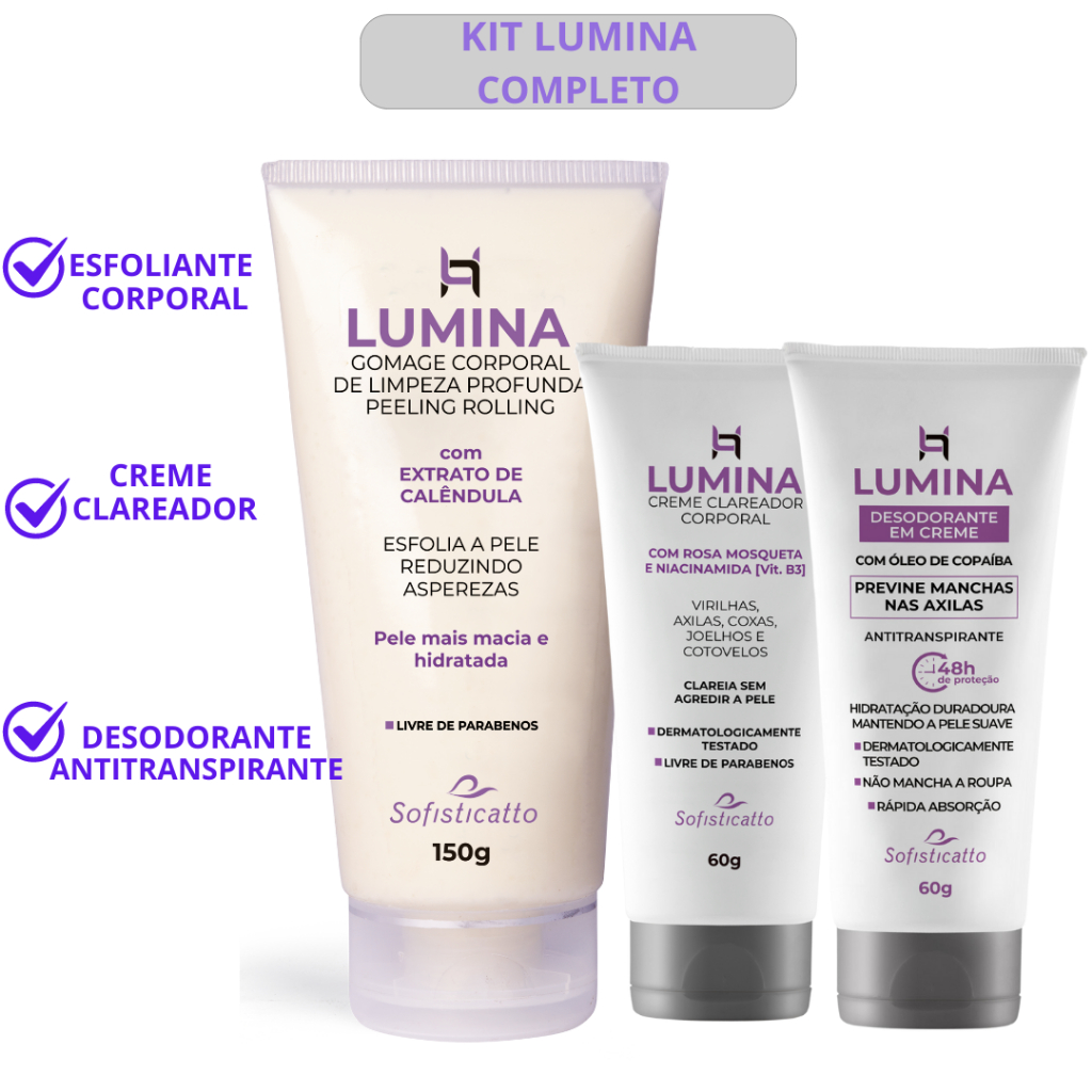Kit Lumina Creme Clareador, Gomage Esfoliante Corporal e Desodorante ...
