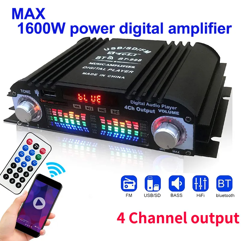 Amplificador De Áudio Digital 4 Canais, 1600W De Potência, Amplificador De Som, Bluetooth,Karaoke, Rádio FM, Suporte