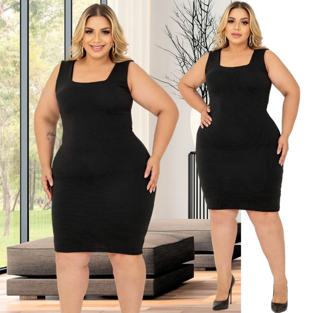 Vestido De Festa Plus Size Tubinho Preto Alça Sustentação Anarruga