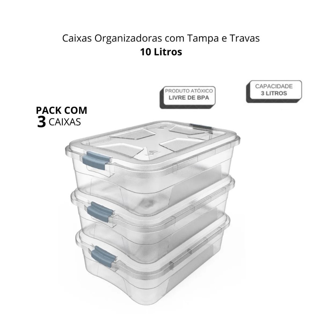 Kit 3 Caixas Organizadoras Transparente Com Travas 10 Litros Multiuso