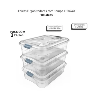 Kit 3 Caixas Organizadoras Transparente Com Travas 10 Litros Multiuso