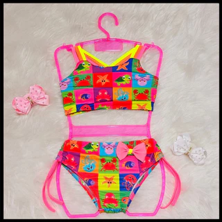 Biquíni com estampa divertida - moda infantil - feminina - traje de banho vibrante.