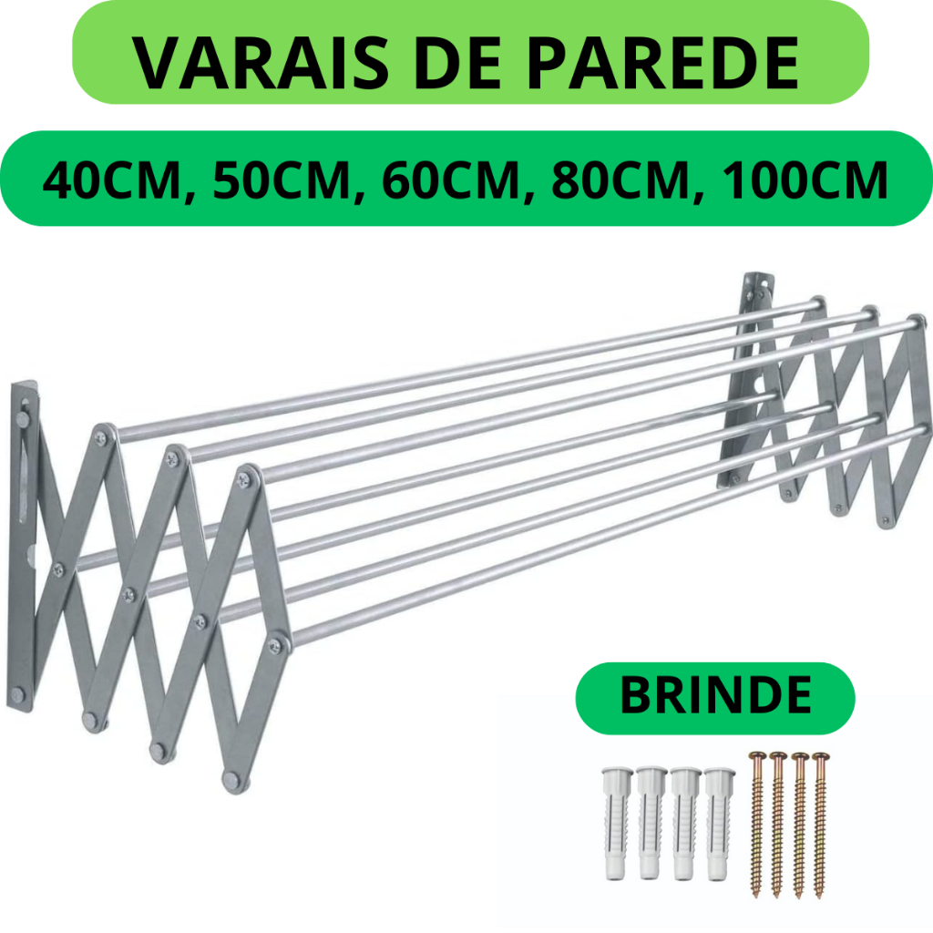 Varal de Parede Aluminio Dobrável 50cm 60cm 80cm 100cm 1 metro sanfonado compacto Vários Tamanhos