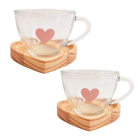 Jogo xícaras café chá com pires  madeira coração rosa presente criativo mesa posta cantinho do café