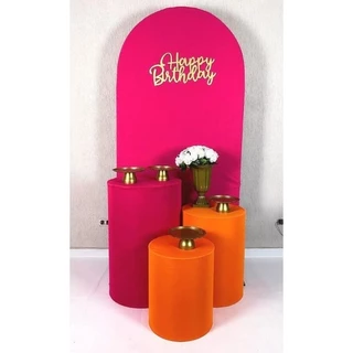 trio capas mesas cilindros G pink M e P laranja + capa painel romano PINK 2m x 1m veste fácil