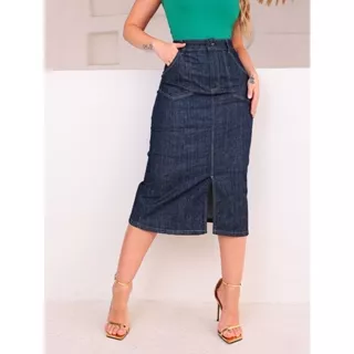 Saia Midi Lápis Jeans Com Fenda Frontal E Bolso Chapado Sport Moda Evangélica Modesta Composta