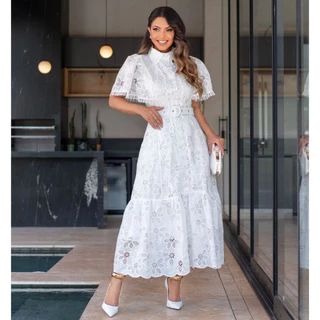 Vestido Midi Camila Renda Guipir com Botões e Cinto Casamento Madrinha Laise Festa Noiva Civil CN