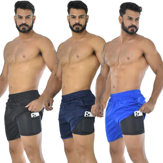 Kit 2 Bermudas Shorts Masculina 2 em 1 Short Duplo Sport para Academia e Corrida