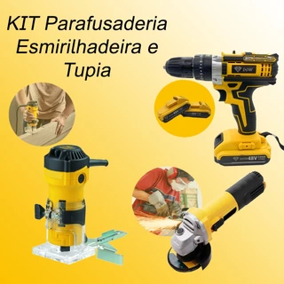 Kit Parafusadeira furadeira 48v Com gancho e 2 bateria e Tupia Laminadora Manual 6mm 600w e Maleta de Transporte + Esmerilhadeira Lixadeira Angular 220v