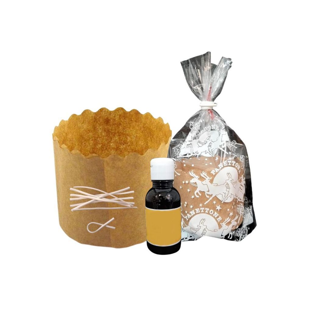 Kit 20 Forma Papel Panetone 100g Saco Fecho Essência
