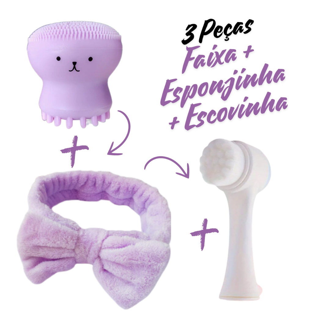 Kit 3 Pcs Skincare Facial Escovinha 2em1, Esponjinha Polvo e Faixa de Cabeça Limpeza de Pele