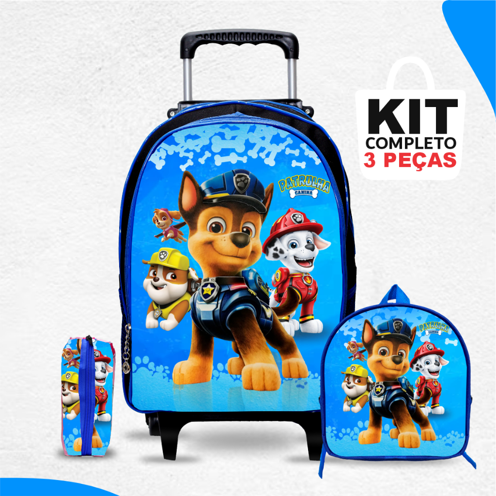 Kit Mochila Escolar Patrulha Canina com Lancheira e Estojo - Rodinhas - Menino - Masculino