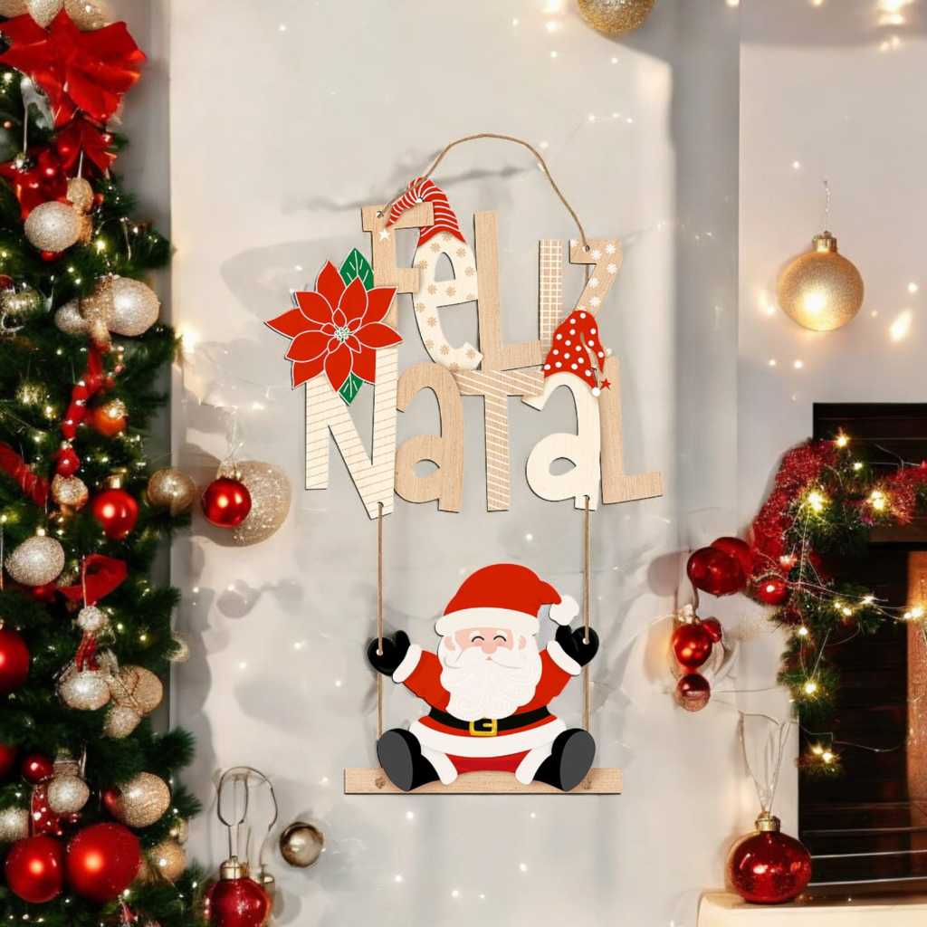 PLACA DE PORTA NATALINA - FELIZ NATAL PAPAI NOEL NO BALANÇO 41X20,3CM